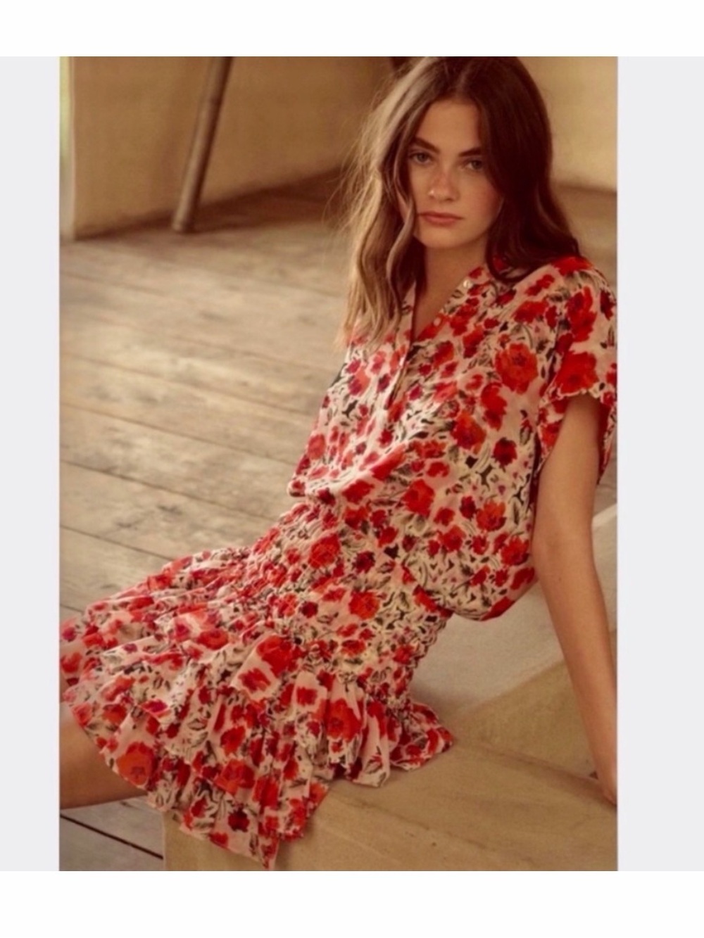 Misa Los Angeles Eloisa Floral Ruffle Mini Dress Red Pink Romantic Boho SZ M